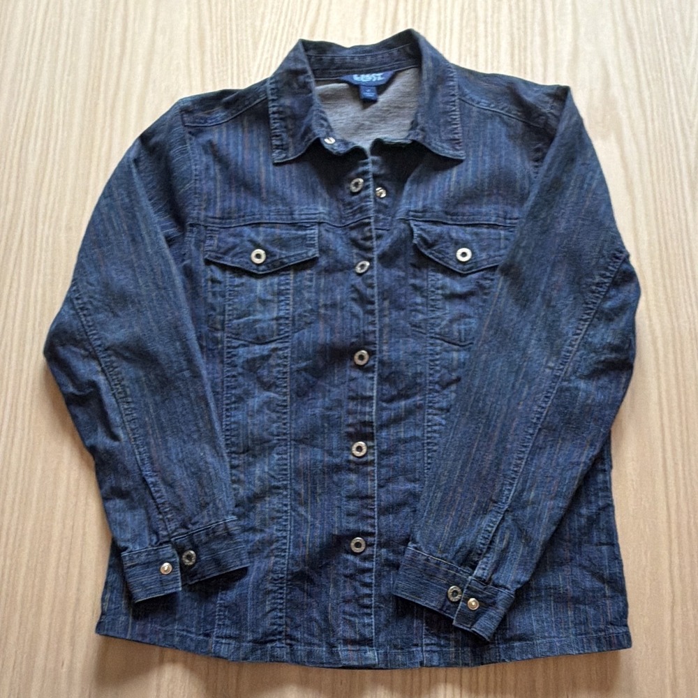 Blast Womens M Blue Striped Denim Jacket Snap Front Point Collar Pockets